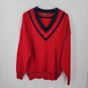 John Ashford Sweater Mens Large Red Blue V Neck Chunky Cable Knit Vintage Preppy